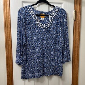 Ruby Rd. Navy and White Patterned Blouse